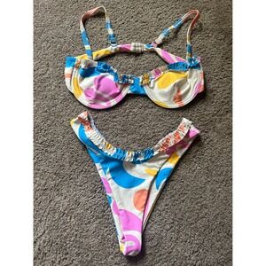 Aurelle Bikini Set Ruffle Trim Abstract Print Halter Two‎ Piece Swimsuit